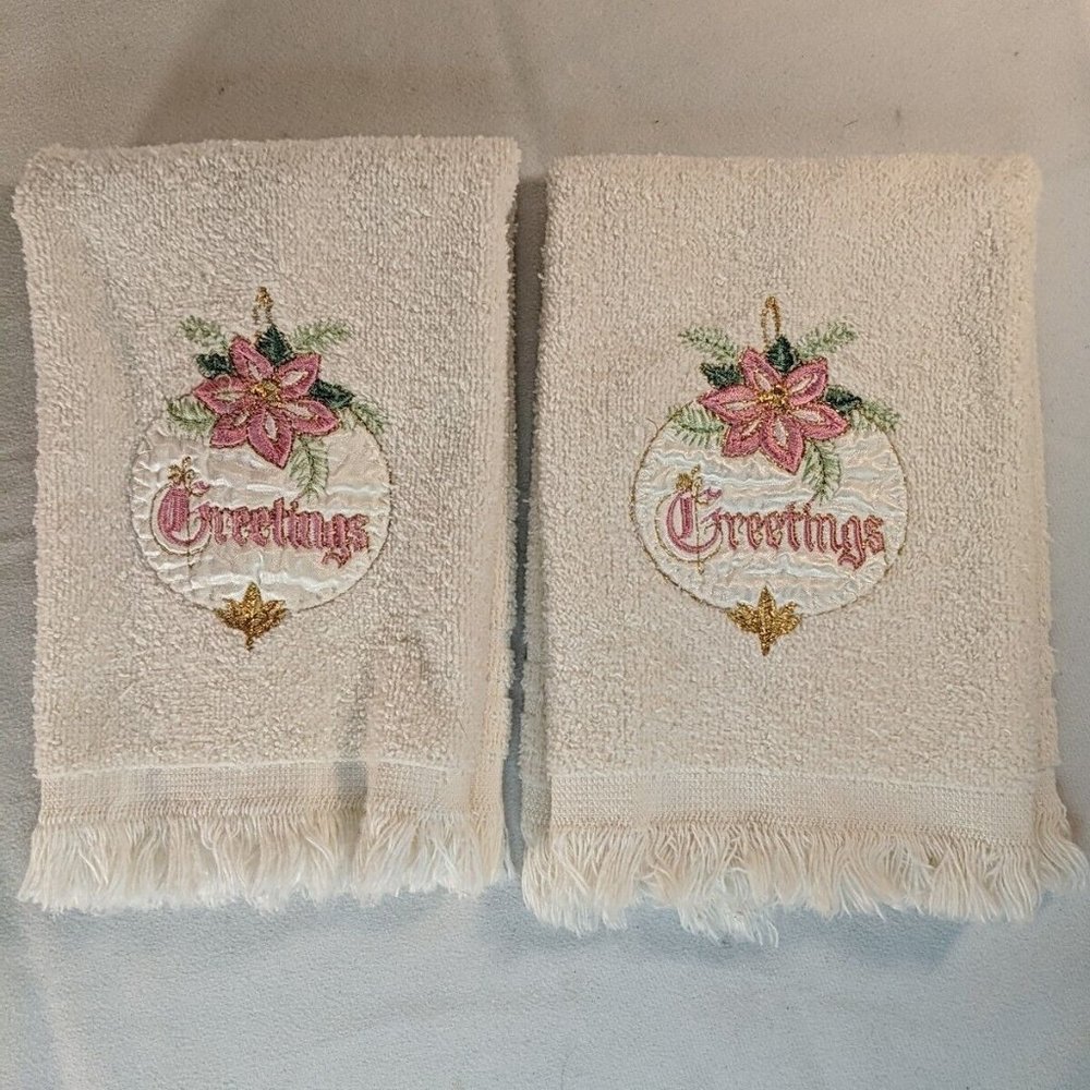 2 Vintage Seasons Greetings Hand Towels Christmas Holiday Bathroom Cannon Cotton